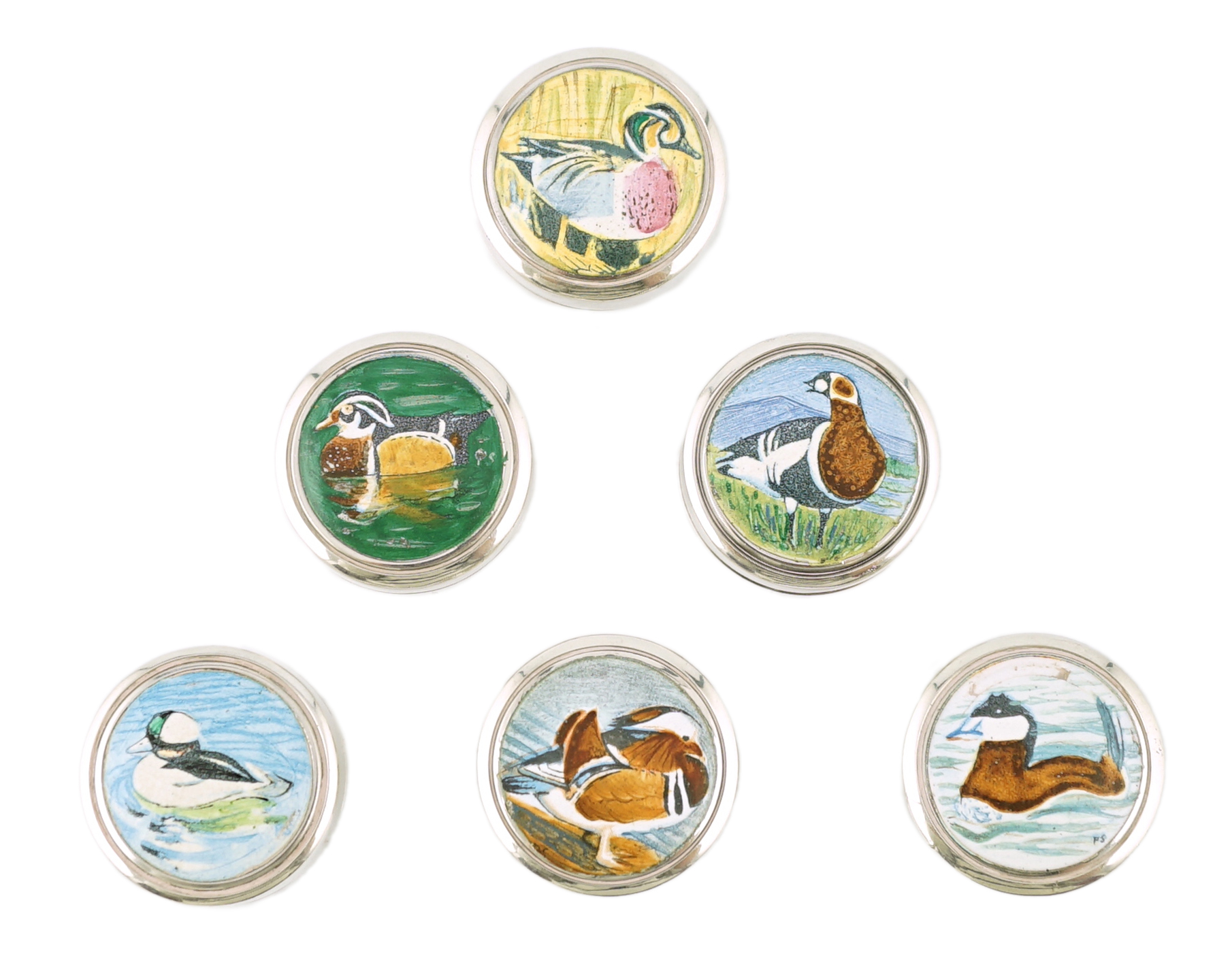 An Elizabeth II set of six limited edition Peter Scott Wildfowl Trust silver and enamel circular pill boxes and covers, by The St James House Company